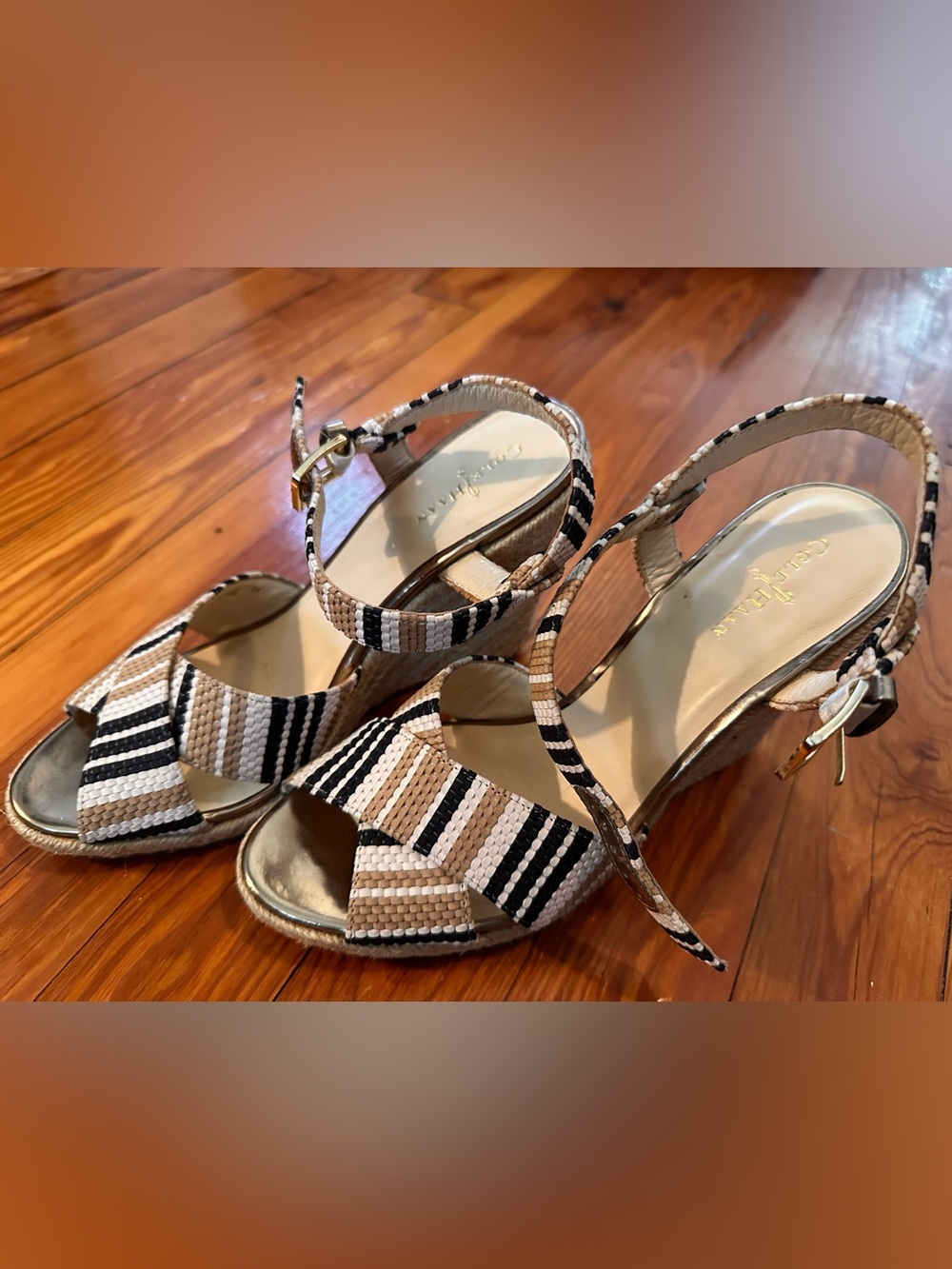 Cole Haan Espadrille Wedge Sandals 7B | Woven Raffia Stripe Bow Ankle Strap - Picture 3 of 8